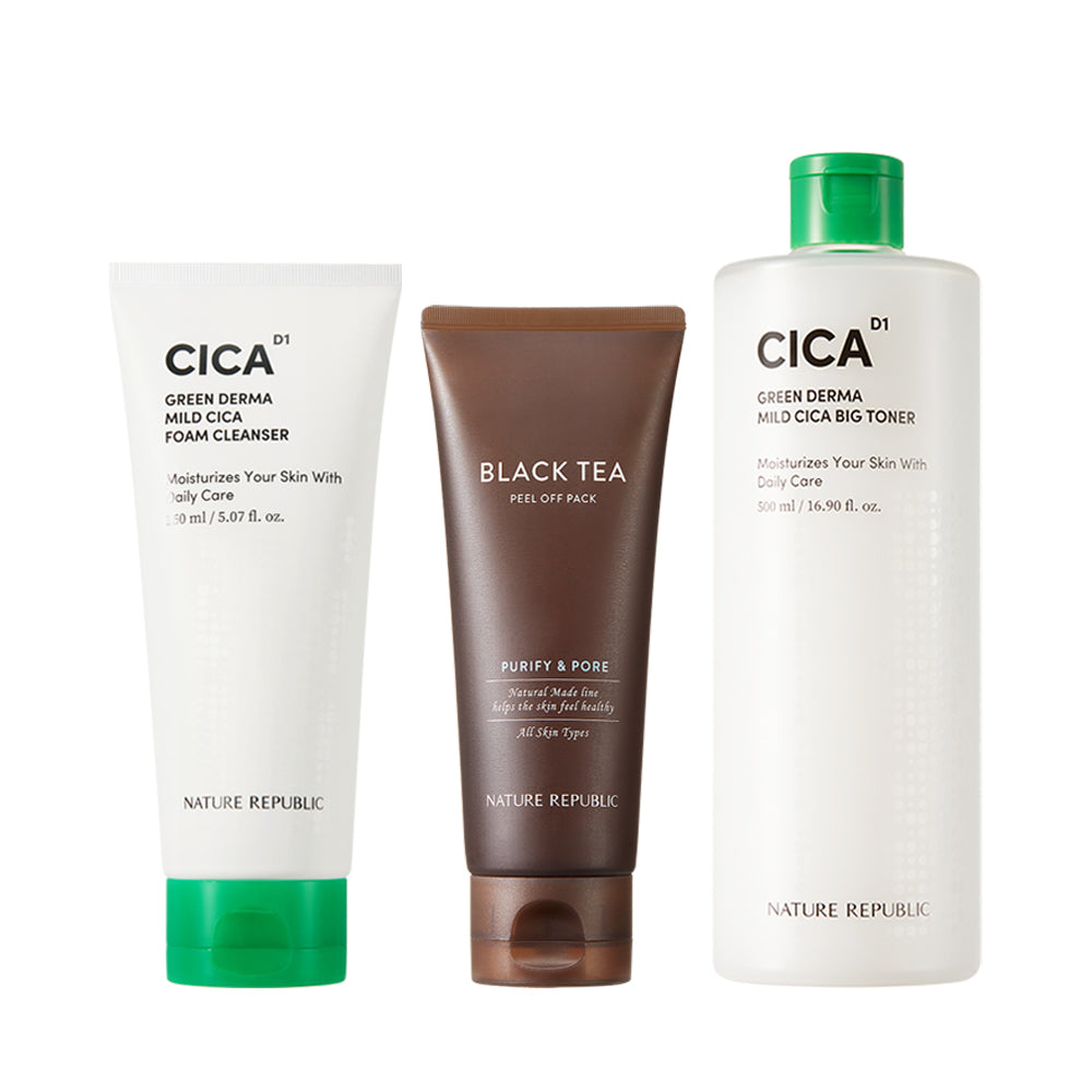 Green Derma Mild Cica Exfoliation Cleansing Set - Foam Cleanser, Natural  Made Peel Off Pack (Black Tea) & Big Toner