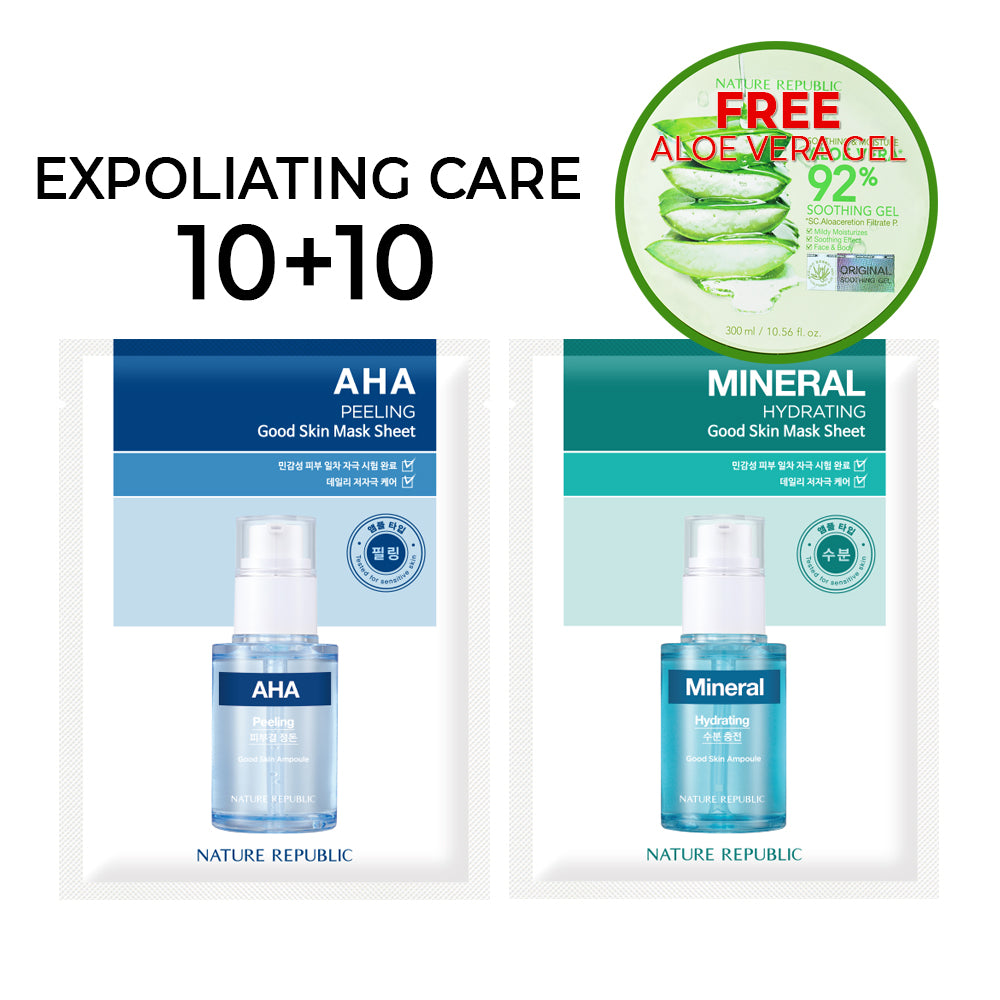 [10+10] Good Skin Exfoliating Care Mask Sheets (AHA 10 + Mineral 10) w/ FREE Org. Aloe Vera Gel