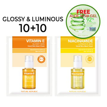 [10+10] Good Skin Glossy & Luminous Mask Sheets (Vitamin E 10 + Niacinamide 10) w/ FREE Org. Aloe Vera Gel