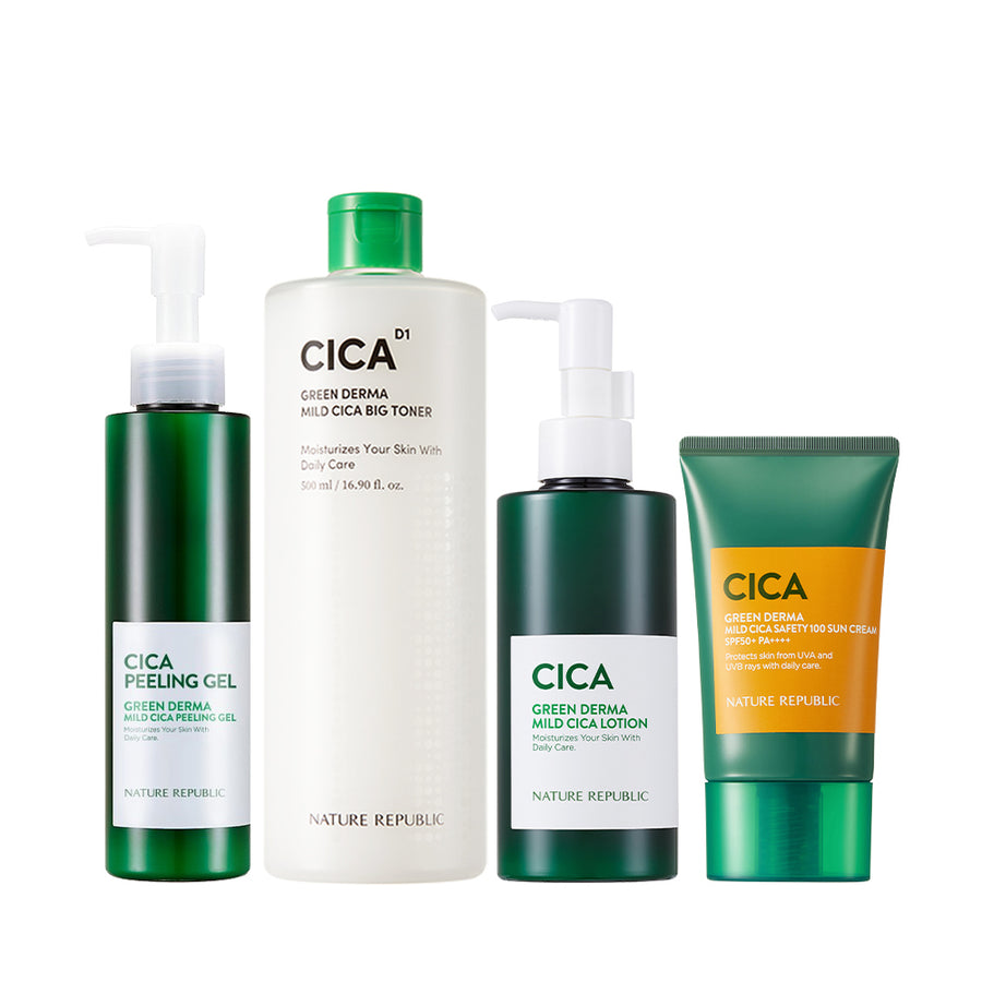 Green Derma Mild Cica Exfoliate Skin & Sun Care Set - Peeling Gel, Big  Toner, Lotion, & Safety 100 Sun Cream SPF50+