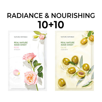 [10+10] Real Nature Radiance & Nourishing Mask Sheet Set (Rose 10 +Olive 10)