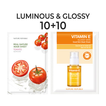 [10+10] Luminous & Glossy Mask Sheet Set (Real Nature Tomato 10 + Good Skin Vitamin E 10)