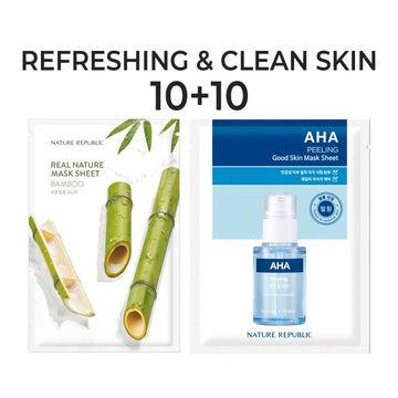 [10+10] Refreshing & Clear Skin Mask Sheet Set (Real Nature Bamboo 10 + Good Skin AHA 10)